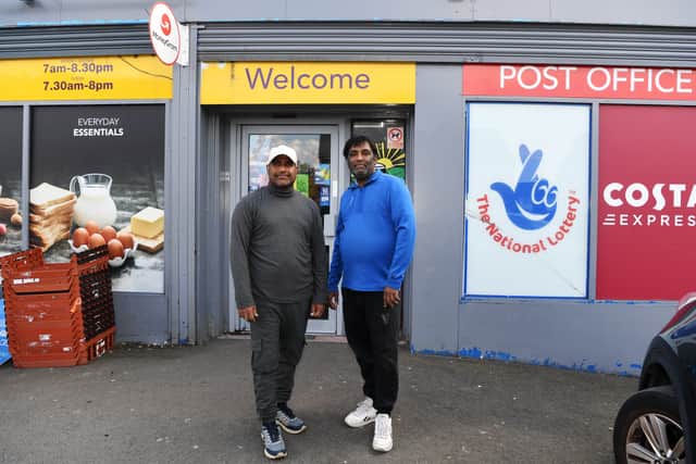 Nirmalakanthan Thambithurai and Alex Sabanaya at Holmfield Lane Post Office in Pontefract.