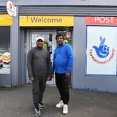 Nirmalakanthan Thambithurai and Alex Sabanaya at Holmfield Lane Post Office in Pontefract.