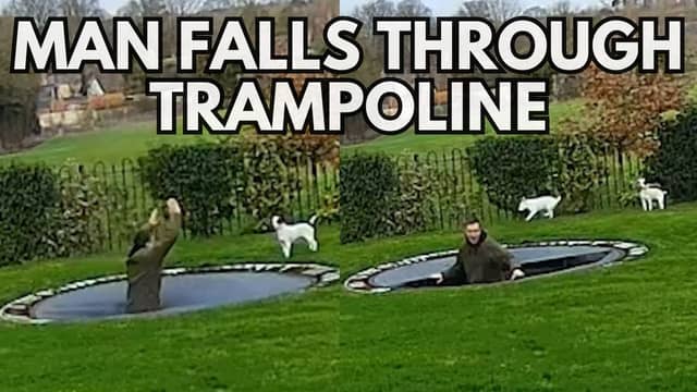 Two images of a man falling through a trampoline