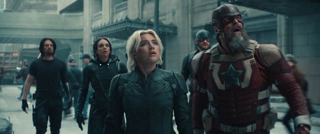 From left to right: Ghost (Hannah John-Kamen), Yelena Belova (Florence Pugh), John Walker (Wyatt Russell), and Red Guardian/Alexei Shostakov (David Harbour) in Marvel Studios' Thunderbolts*