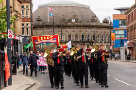 The band leading the march in Leeds city centre.