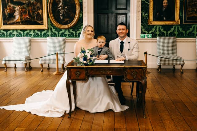 The couple was joined on their special day by family, friends, and their 20-month-old son, Blake.