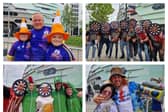 Darts fans gather in fancy dress outside of the First Direct Arena in Leeds.