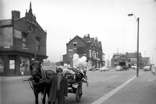A boy holds onto the reins of a horse which is pulling a rag and bone cart on Burmantofts Street in 1964. 