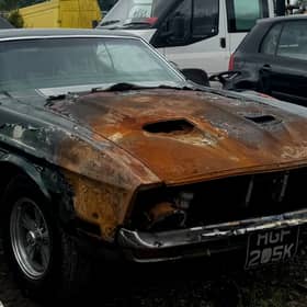 A burnt 1972 Mustang