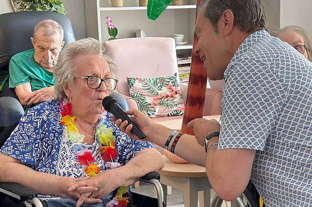 Big Summer Weekender singalong summer fun with Dave and residents at HC-One’s Aberford Hall Care Home during Care Home Open Week
