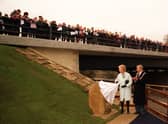 HRH The Duchess of Kent  unveils a plaque  to officially open  the Duchess of  Kent Bridge on the Ripon bypass in March 1996.  She is watched by Coun John Clout, chairman of  North Yorkshire County Council.