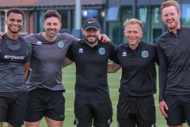 Newcastle United's Jacob Murphy and Sean Longstaff with Jordan Watson, Andrew Cartwright and Ben Carr from North East Coaching Co (photo NE Coaching Co/Kieran Harm)