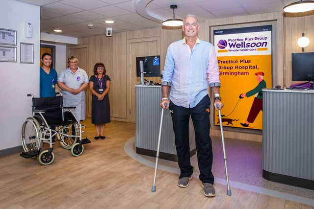 Dr Hilary Jones prepares to leave the Practice Plus Group Hospital in Birmingham after his hip replacement surgery.