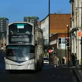 A bus travelling on Vicar Lane in Leeds City Centre.