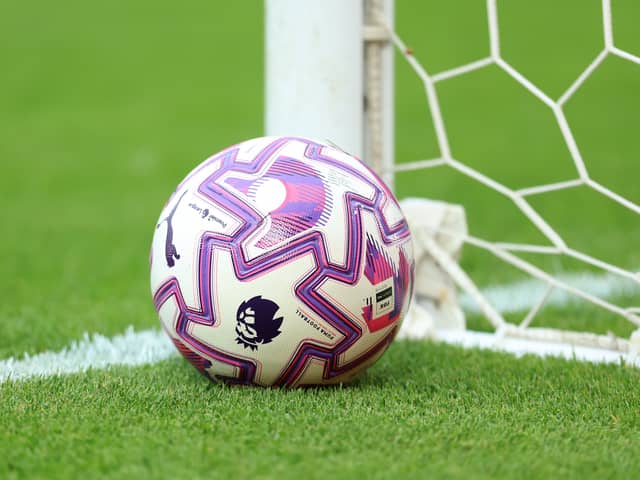 A general view of the Puma Orbita Ultimate Premier League 2024/25 match ball on the pitch prior to the pre-season friendly match between Hull City and Sunderland at MKM Stadium on July 29, 2025 in Hull, England.