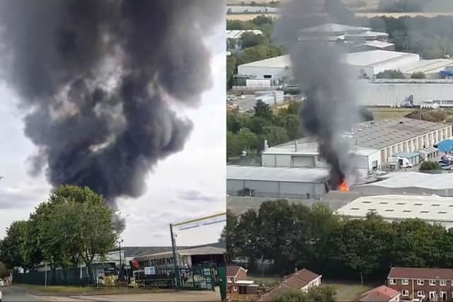 Dramatic images show towering plumes of thick black smoke rising into the sky over Normanton as a fire ripped through a large commercial unit.