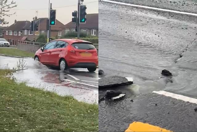 Belle Isle Road was forced to close after a burst water main sent torrents spilling across the tarmac.