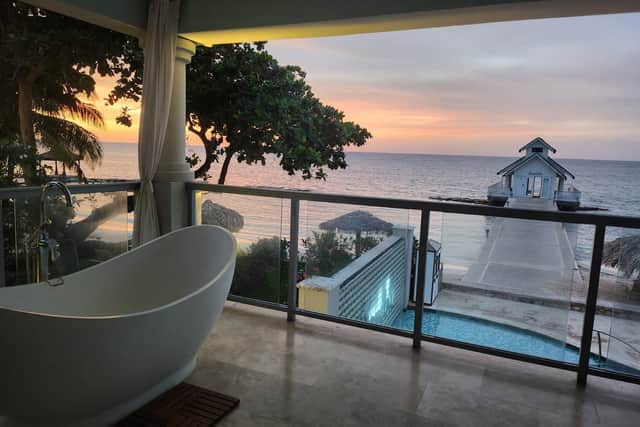 Golden sunsets, blue seas and a bath! The view from my balcony at Sandals Montego Bay