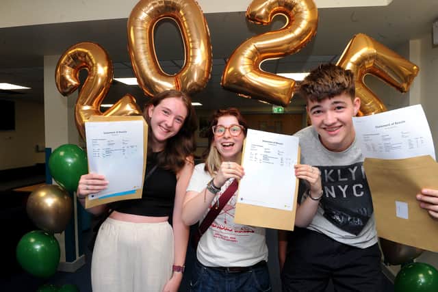 Temple Moor Sixth Form students Ella Moule, Amelia McAleese and  Harrison Driver celebrate their A Level results.