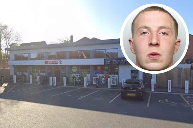 Stephenson (inset) became angry after he was caught shoplifting from Spar in Wakefield. He then threw a tree branch at the worker.