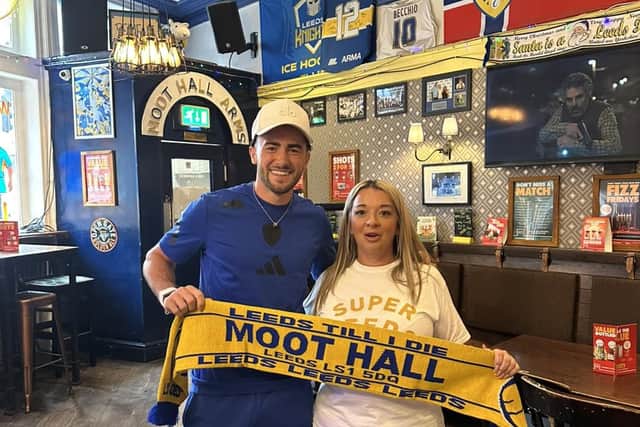 Jack Harrison with the landlady of The Moot Hall Arms, Claire.