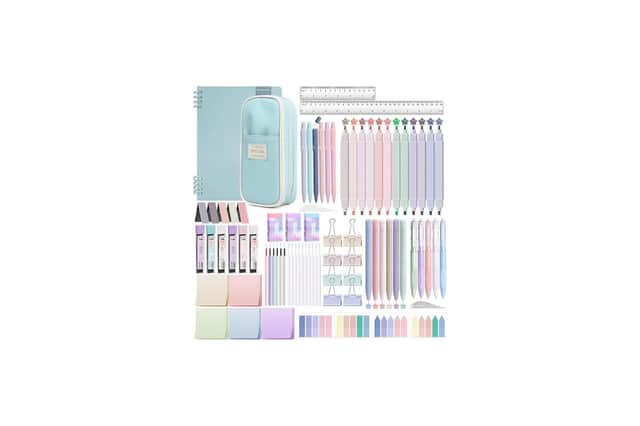 80 PCS Aesthetic Stationery Supplies with Blue Pencil Case & Notebook