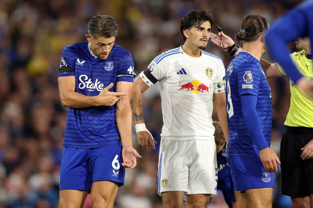 James Tarkowski of Everton reacts following a hand ball incident during the Premier League match between Leeds United and Everton at Elland Road on August 18, 2025 in Leeds, England.
