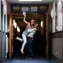 Students Jenny Telford, left, and Alex Swaby celebrate their GCSE results, at Leeds Grammar School in August 2008.