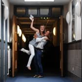 Students Jenny Telford, left, and Alex Swaby celebrate their GCSE results, at Leeds Grammar School in August 2008.