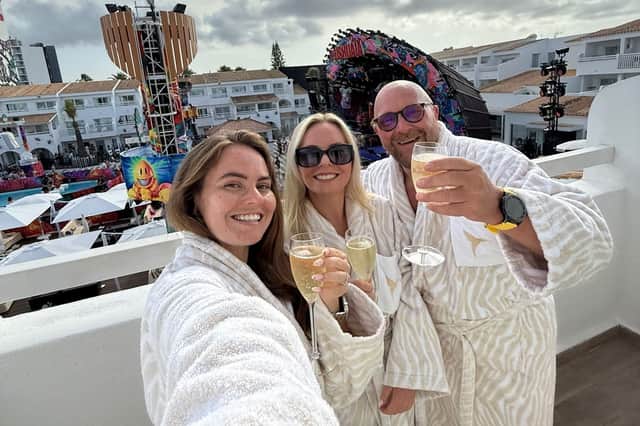 Andy Armstrong with his daughters Tiffany and Ellie on Ellie's 24-hour Ibiza hen do.