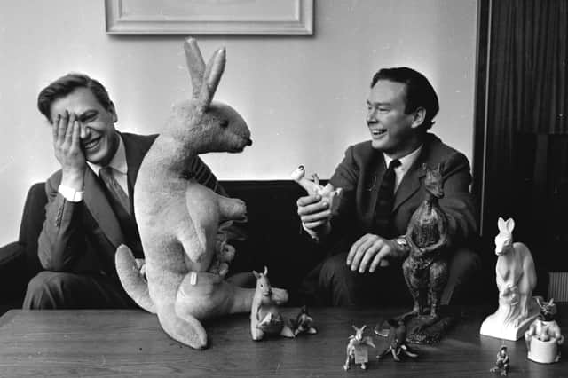 Michael Peacock and David Attenborough with soft toy versions of Hullabaloo and Joey, the kangaroo mascots used to promote the launch of BBC Two