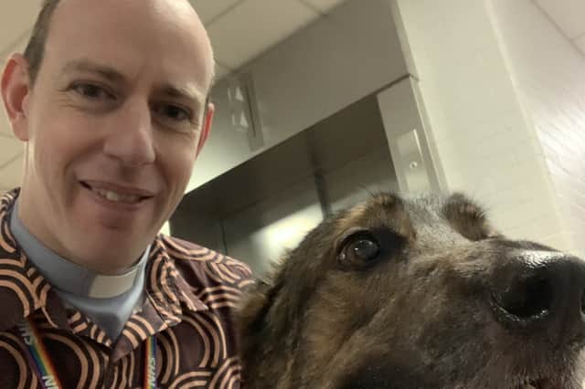Hospital chaplain Craig Bentley with his dog Mac.