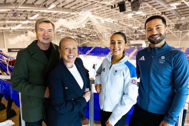Ice dance legends Christopher Dean and Jayne Torvill with Britain's new stars Lilah Fear and Lewis Gibson at iceSheffield ahead of the Bolero Cup 2025
