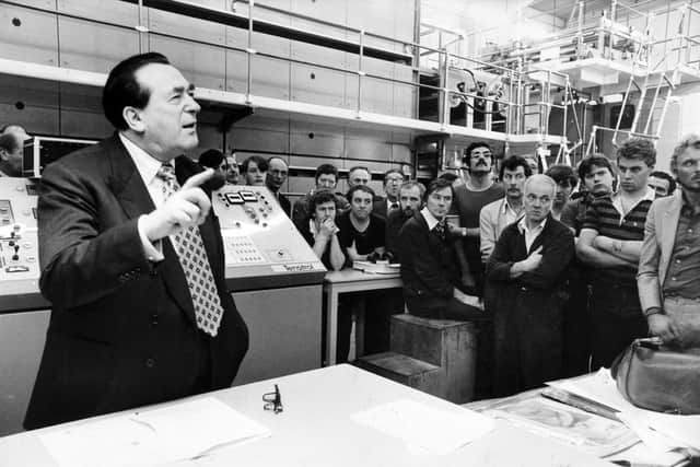 Robert Maxwell addresses members of the National Graphical Association during his visit to open Petty's new plant in November 1983.