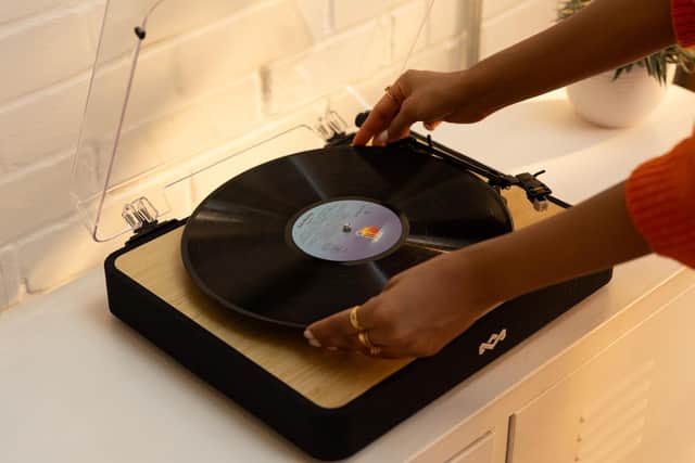 The eco-friendly House of Marley Revolution turntable pairs natural style with modern Bluetooth convenience.