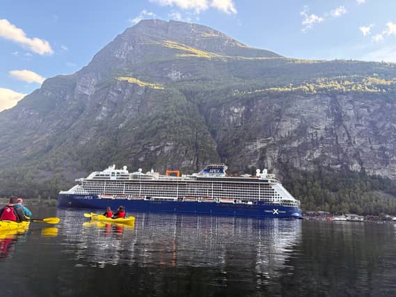 Julie's ship, Apex, moored in the beautiful Geirangerfjord
