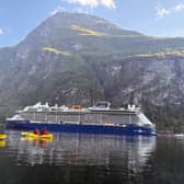 Julie's ship, Apex, moored in the beautiful Geirangerfjord