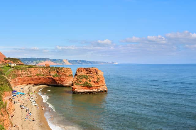 Red Jurassic cliffs and sea stacks  at Ladram Bay 