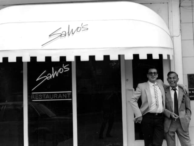 John Dammone and his father Salvo outside Salvo's restaurant, Headingley, Leeds, in 1983