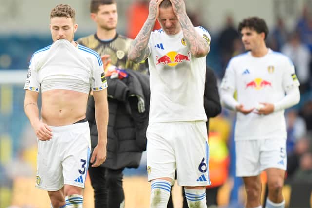 FRUSTRATION: Shown by Leeds United's Gabi Gudmundsson and Joe Rodon at full-time as Illan Meslier and Pascal Struijk look on.