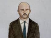 Court artist drawing by Elizabeth Cook of Miles Cross appearing at Wrexham Magistrates' Court