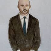 Court artist drawing by Elizabeth Cook of Miles Cross appearing at Wrexham Magistrates' Court