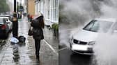 Stock images of a person walking in the rain and a car driving in the rain.
