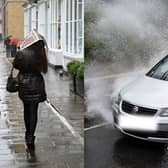 Stock images of a person walking in the rain and a car driving in the rain.