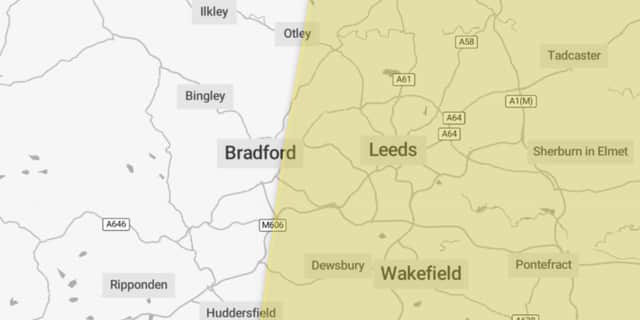 A Met Office map shows the areas of West Yorkshire covered by a yellow rain  warning which will be in place from 00:00 to 21:00 on Thursday October 23 2025.