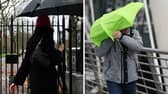 Stock images of people walking with umbrellas.