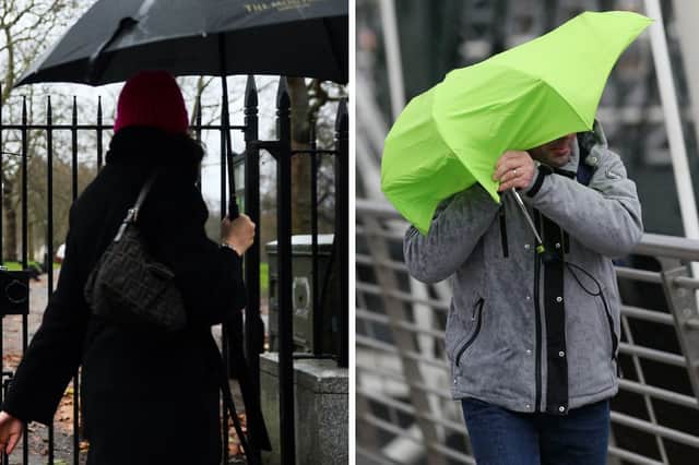 Stock images of people walking with umbrellas.