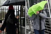 Stock images of people walking with umbrellas.