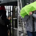 Stock images of people walking with umbrellas.