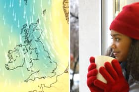 An image of a Met Office map with a stock image of a woman wearing a hat and gloves.
