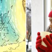 An image of a Met Office map with a stock image of a woman wearing a hat and gloves.