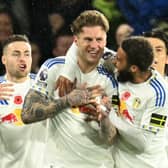 HEADING FOR VICTORY: Joe Rodon celebrates putting Leeds United 2-0 up.
