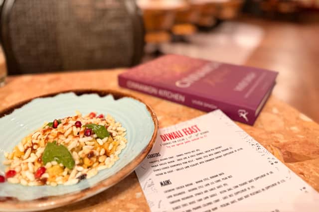 My chaat starter of puffed rice with pineapple and pomegranate