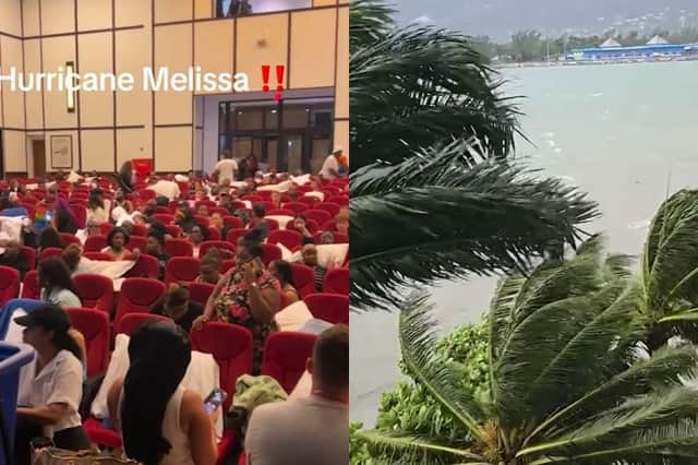 Tourists are evacuated to a theatre and strong winds shake palm trees as Storm Melissa hits Jamaica.